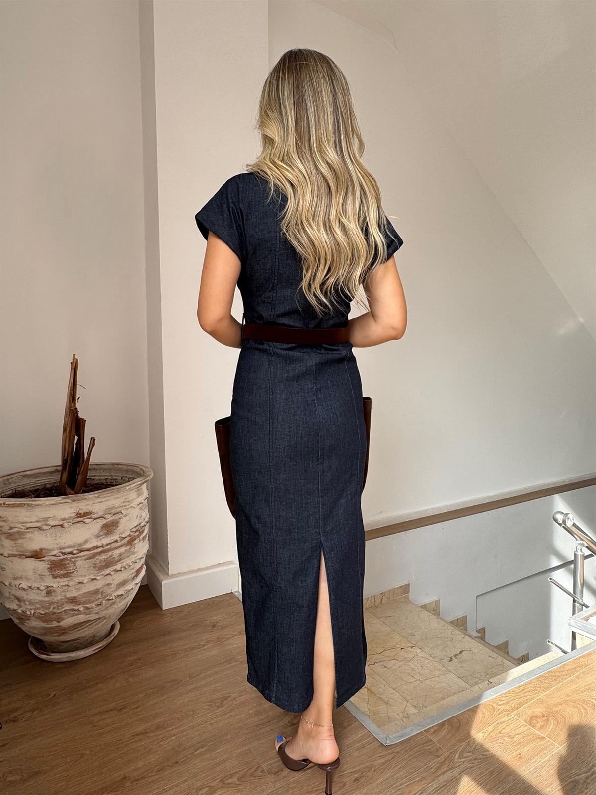 Kemerli Midi Boy Denim Elbise 