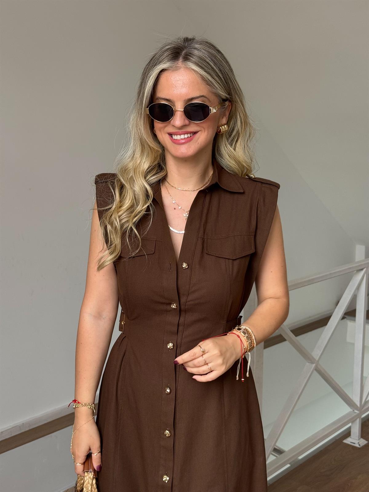 Süs Kemerli Midi Boy Keten Elbise - Kahverengi