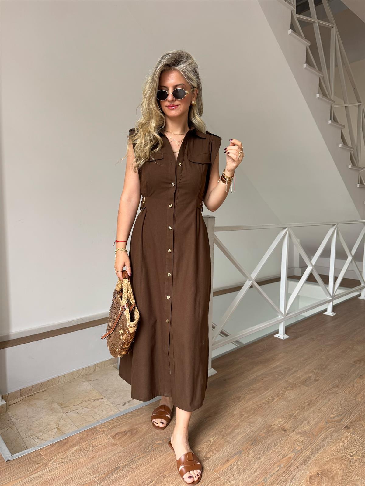 Süs Kemerli Midi Boy Keten Elbise - Kahverengi