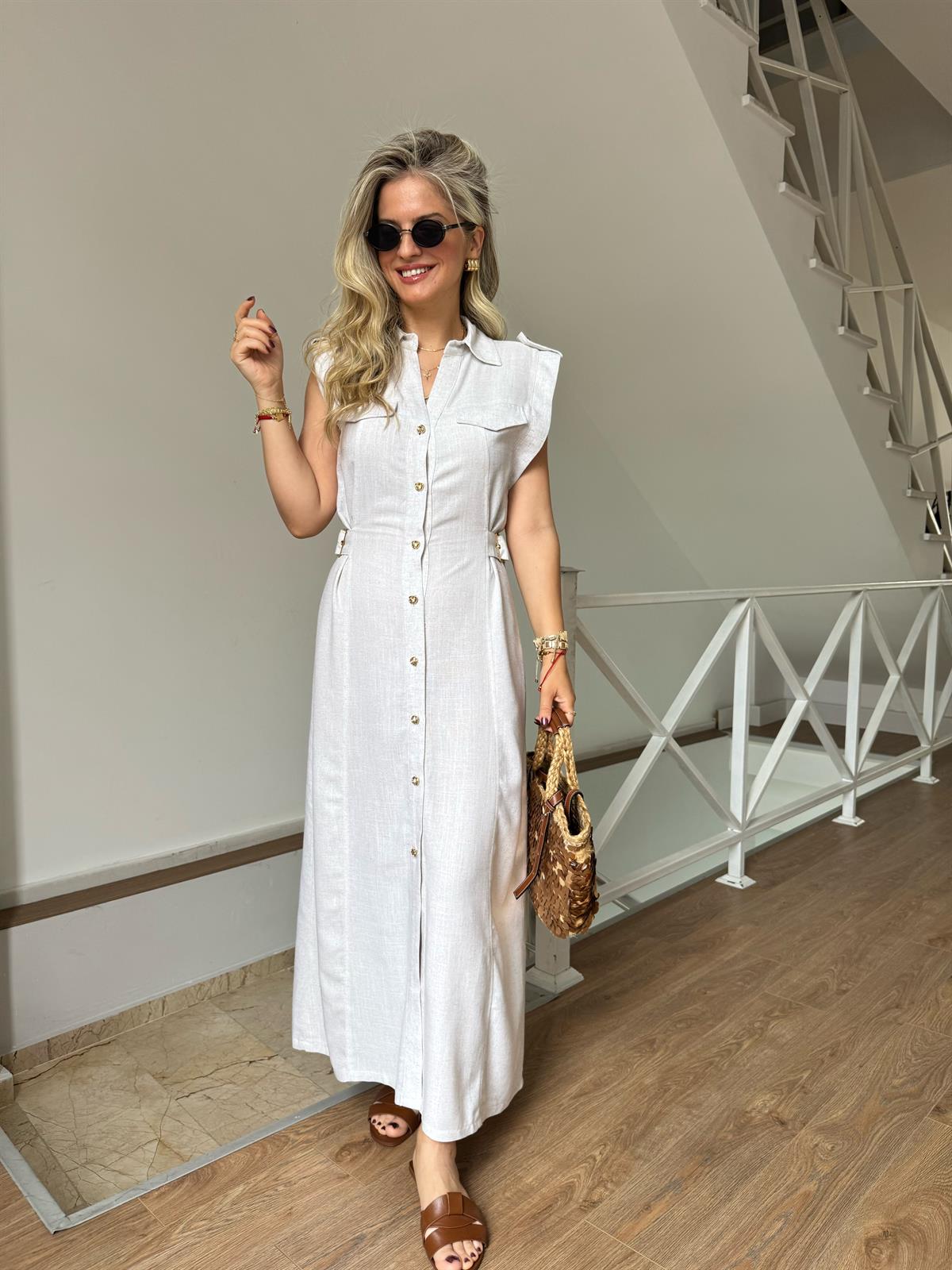 Süs Kemerli Midi Boy Keten Elbise - Natürel