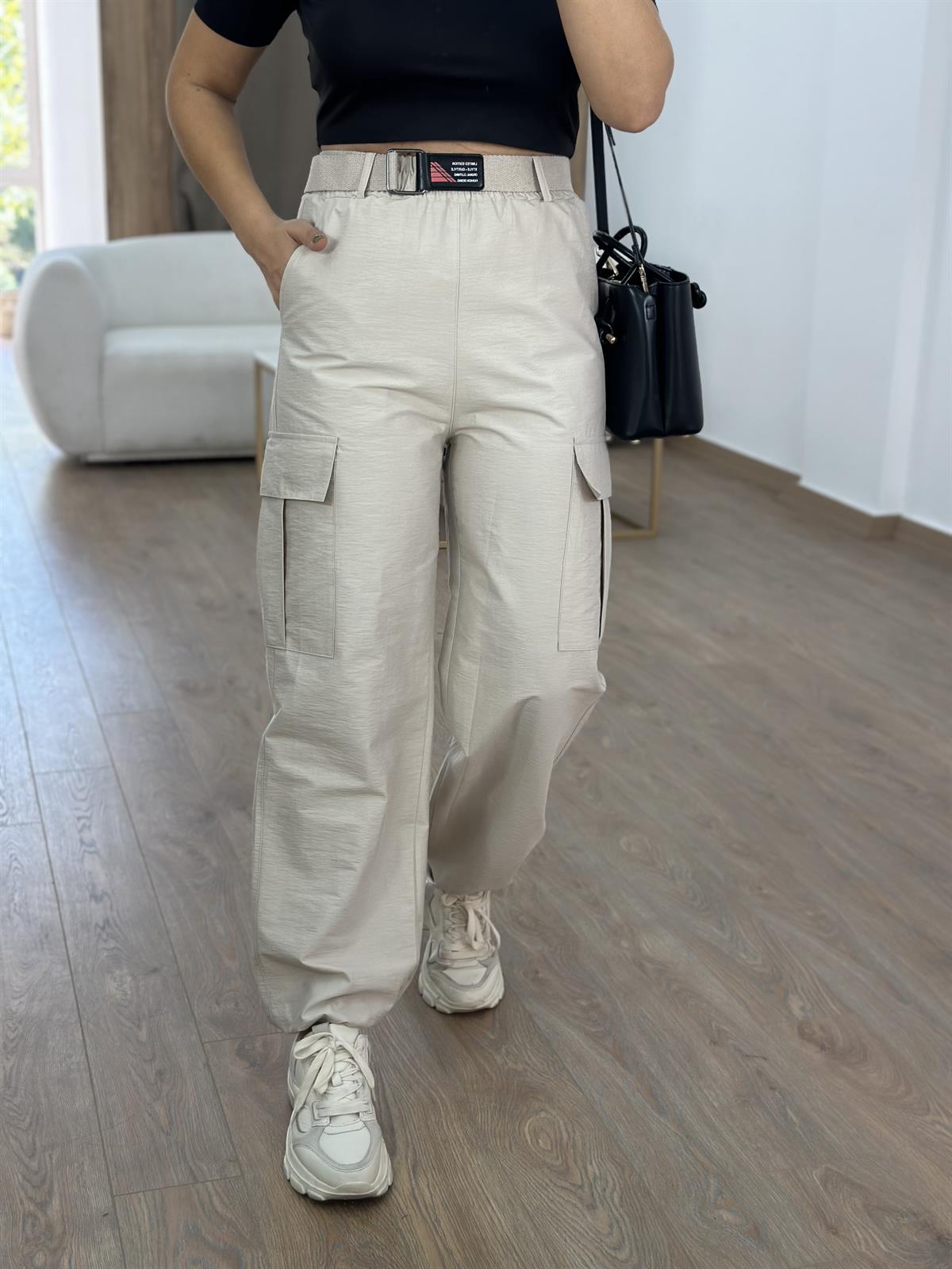 Kemerli Paçası Lastikli Kargo Cep Pantolon-Taş