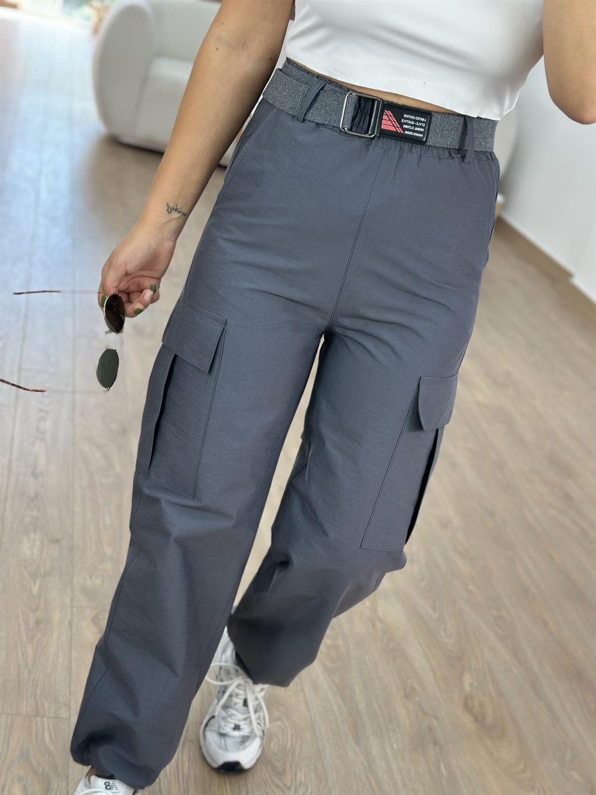 Kemerli Paçası Lastikli Kargo Cep Pantolon-Gri