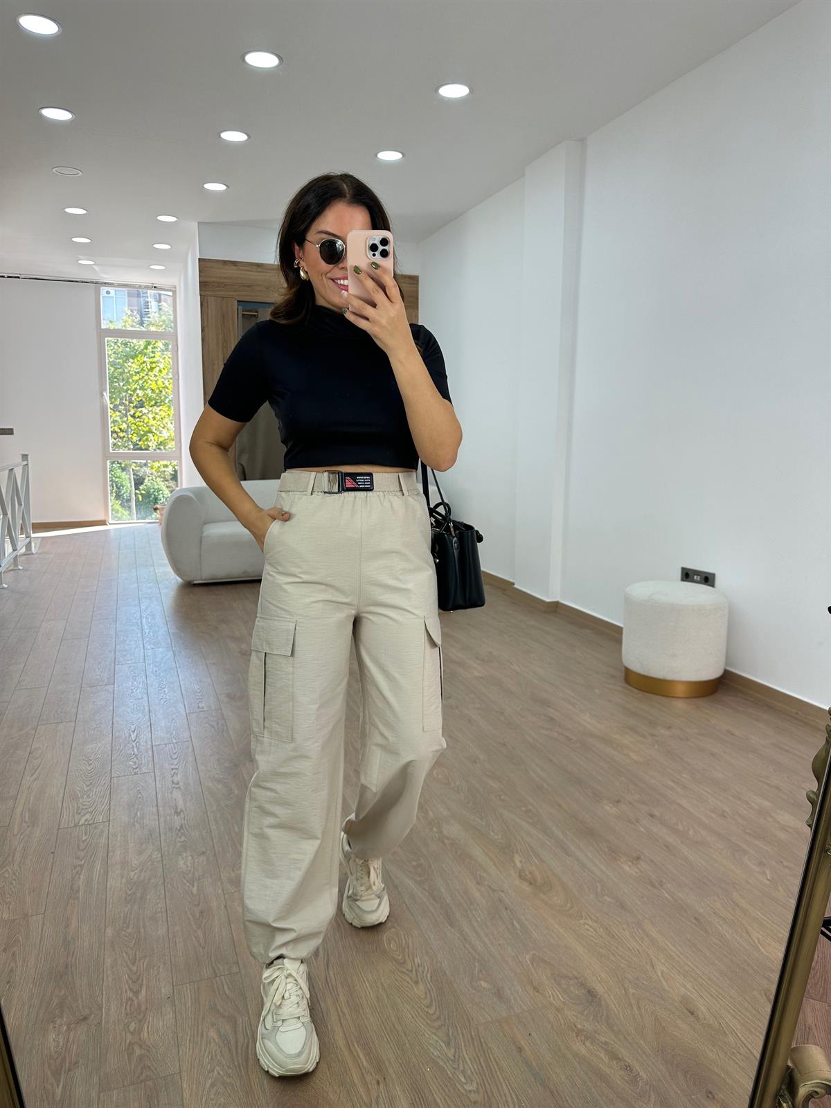 Kemerli Paçası Lastikli Kargo Cep Pantolon-Taş