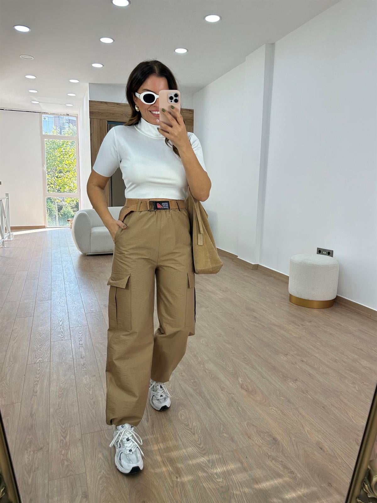 Kemerli Paçası Lastikli Kargo Cep Pantolon-Camel