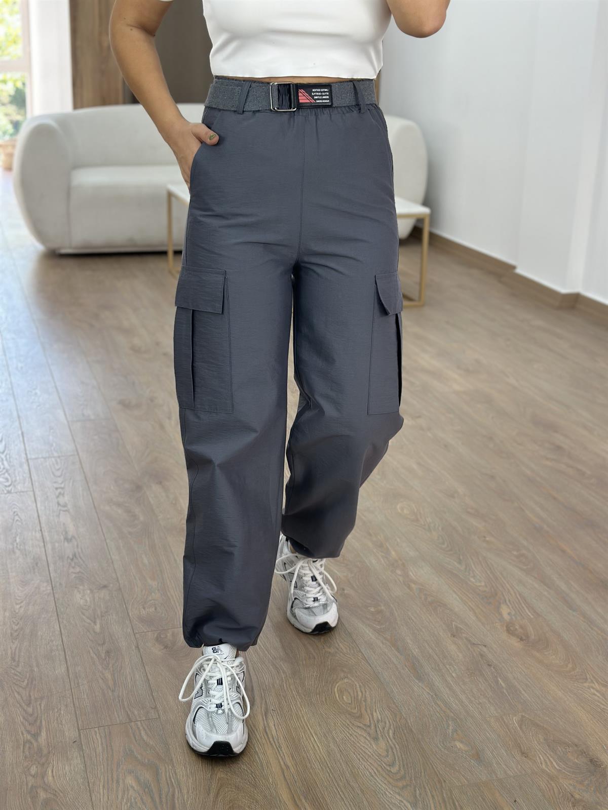 Kemerli Paçası Lastikli Kargo Cep Pantolon-Gri