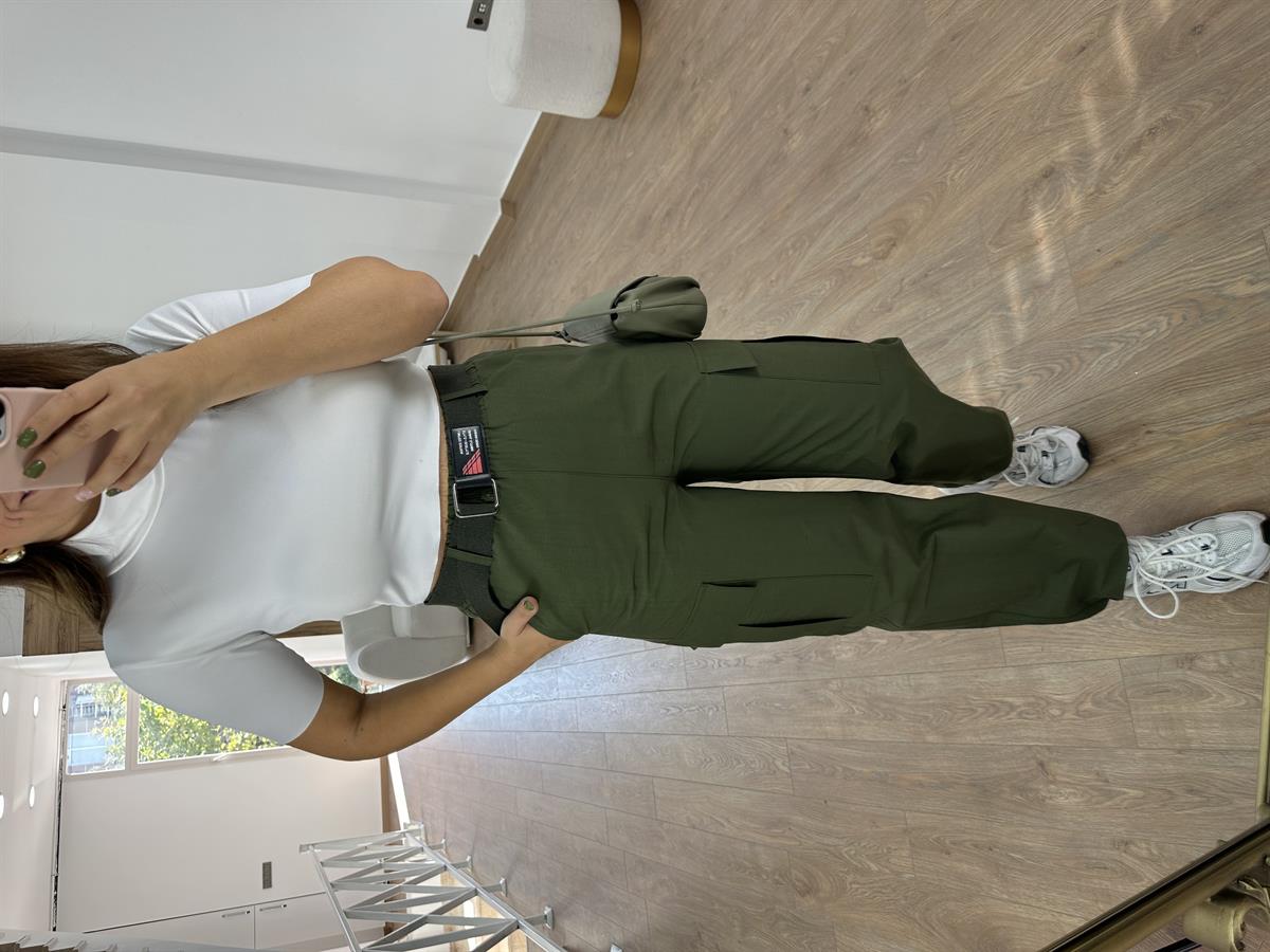 Kemerli Paçası Lastikli Kargo Cep Pantolon-Haki