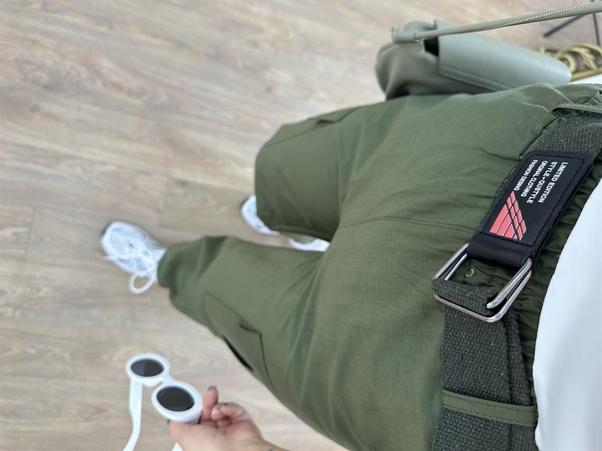 Kemerli Paçası Lastikli Kargo Cep Pantolon-Haki