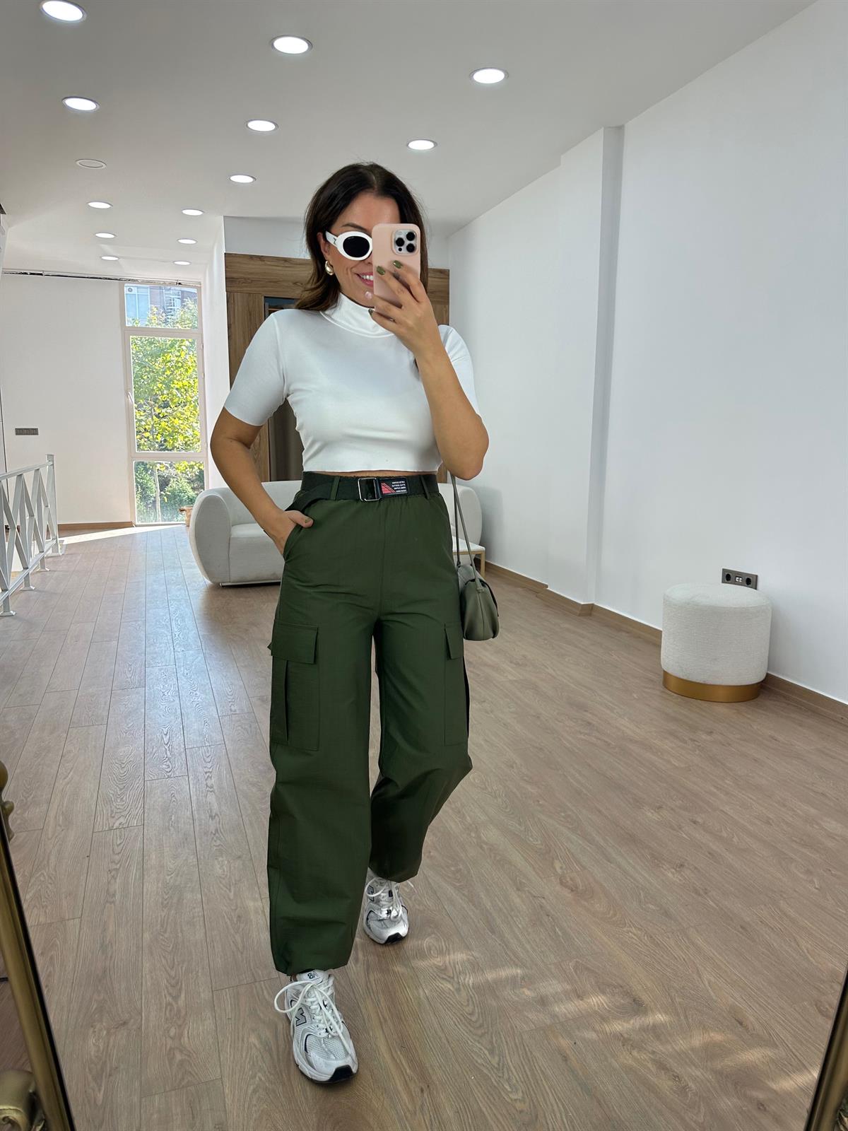 Kemerli Paçası Lastikli Kargo Cep Pantolon-Haki