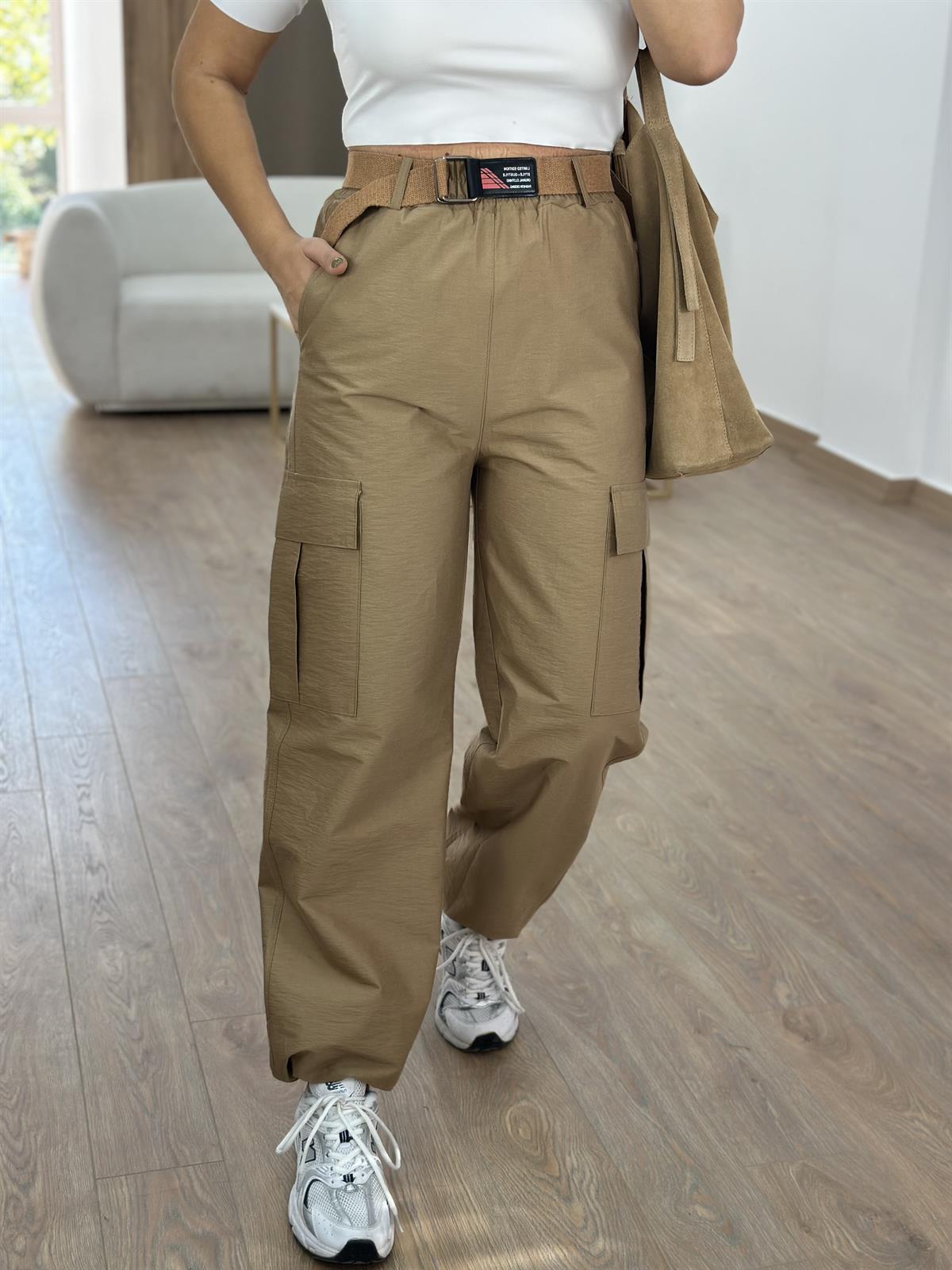 Kemerli Paçası Lastikli Kargo Cep Pantolon-Camel