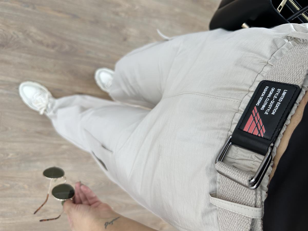 Kemerli Paçası Lastikli Kargo Cep Pantolon-Taş