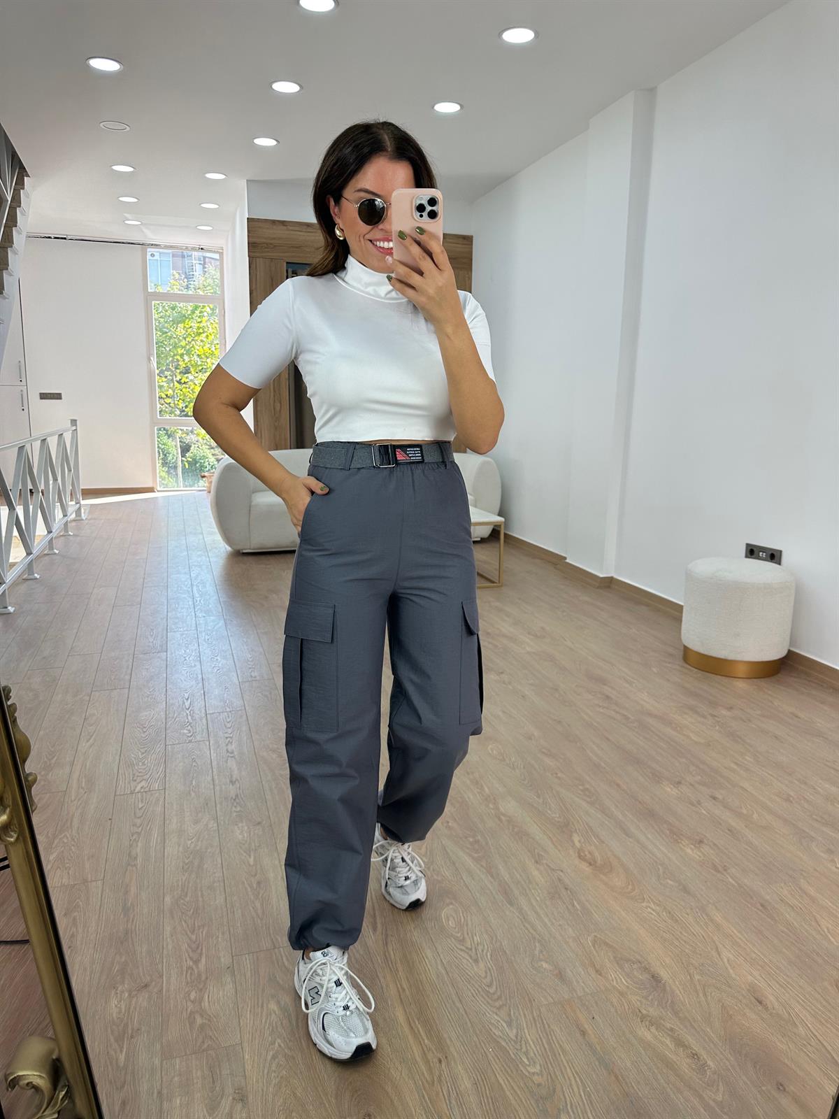 Kemerli Paçası Lastikli Kargo Cep Pantolon-Gri