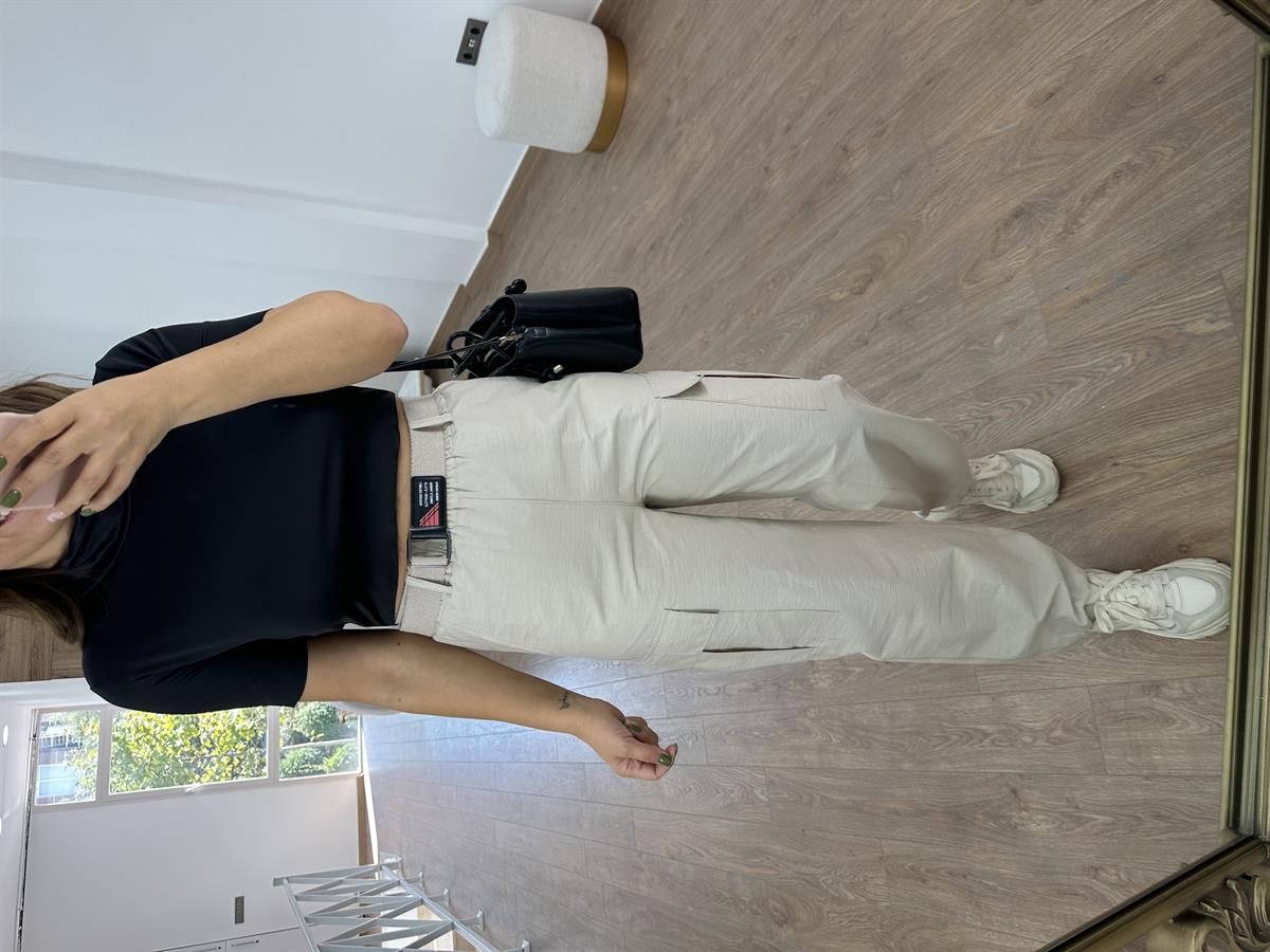 Kemerli Paçası Lastikli Kargo Cep Pantolon-Taş