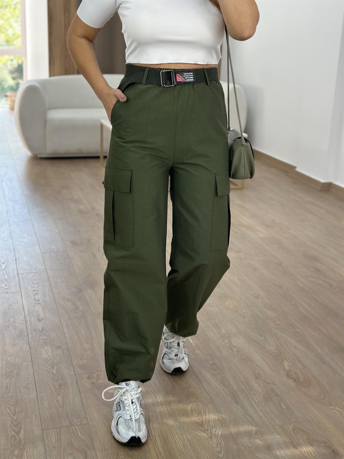 Kemerli Paçası Lastikli Kargo Cep Pantolon-Haki