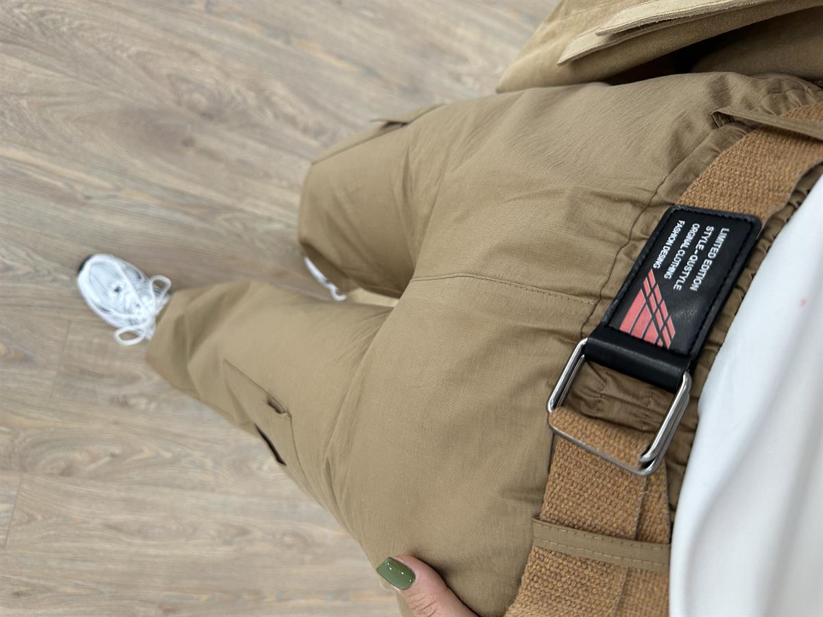 Kemerli Paçası Lastikli Kargo Cep Pantolon-Camel