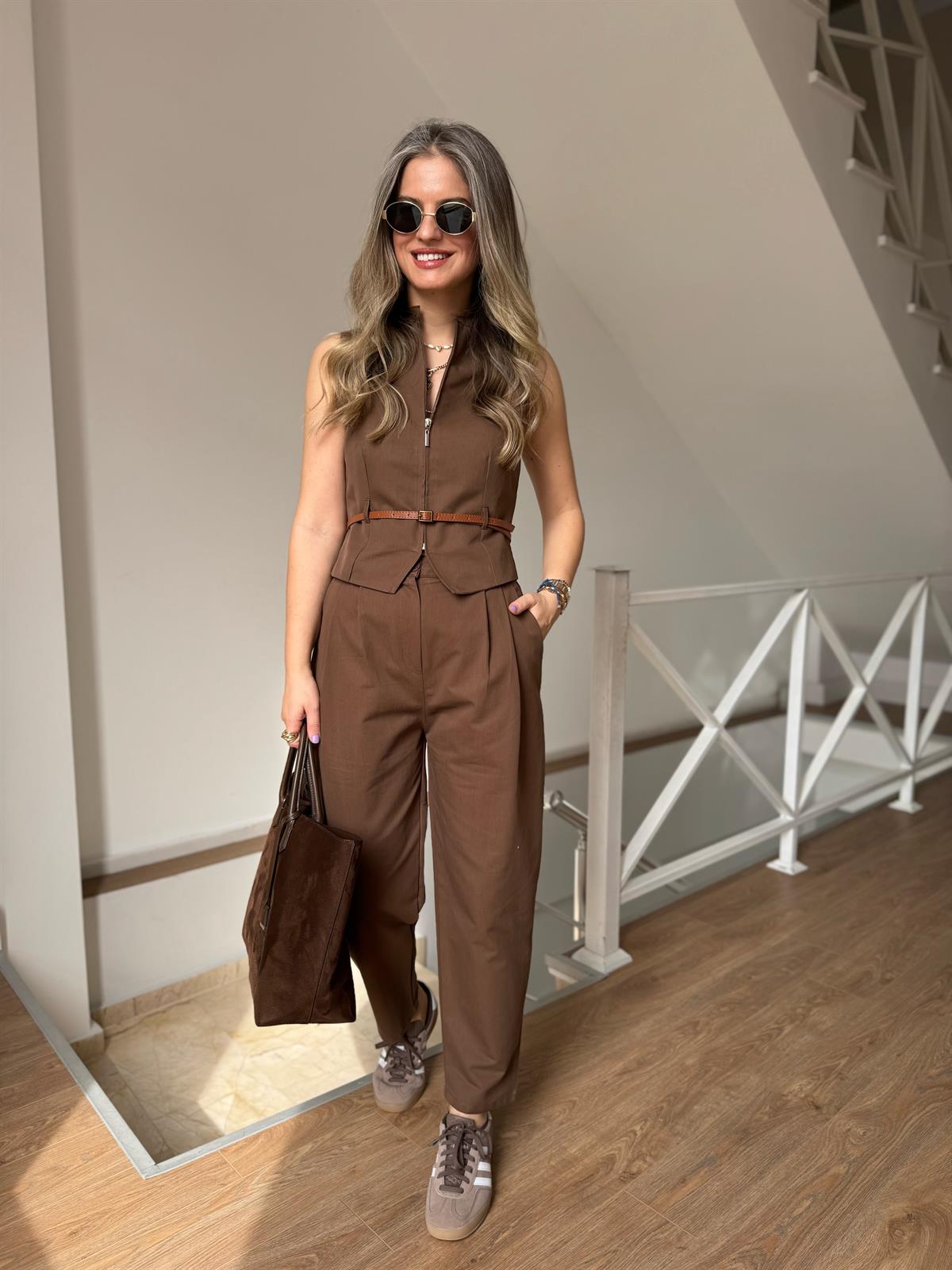 Kemerli Pantolon Yelek Takım - Kahverengi