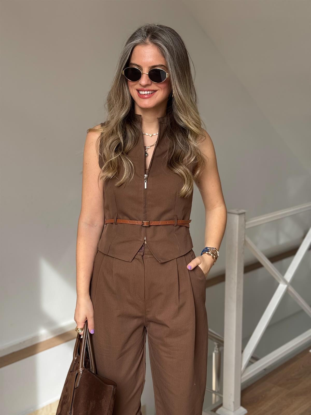 Kemerli Pantolon Yelek Takım - Kahverengi