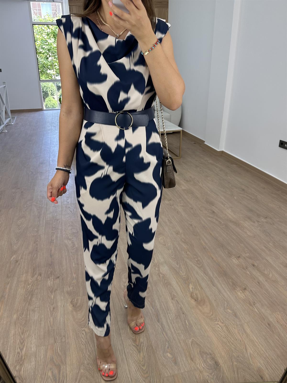 Kemerli Vatkalı Saten Tulum-Lacivert