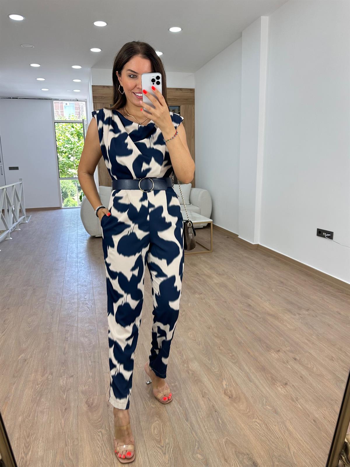 Kemerli Vatkalı Saten Tulum-Lacivert