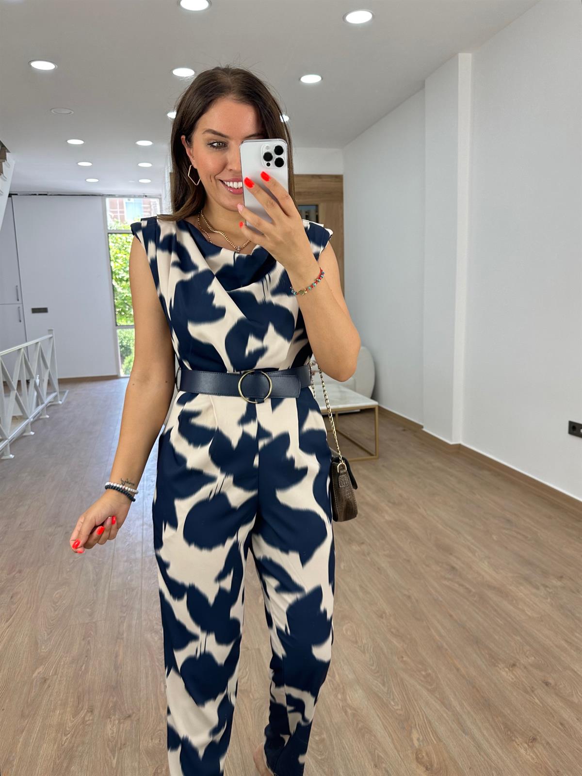 Kemerli Vatkalı Saten Tulum-Lacivert