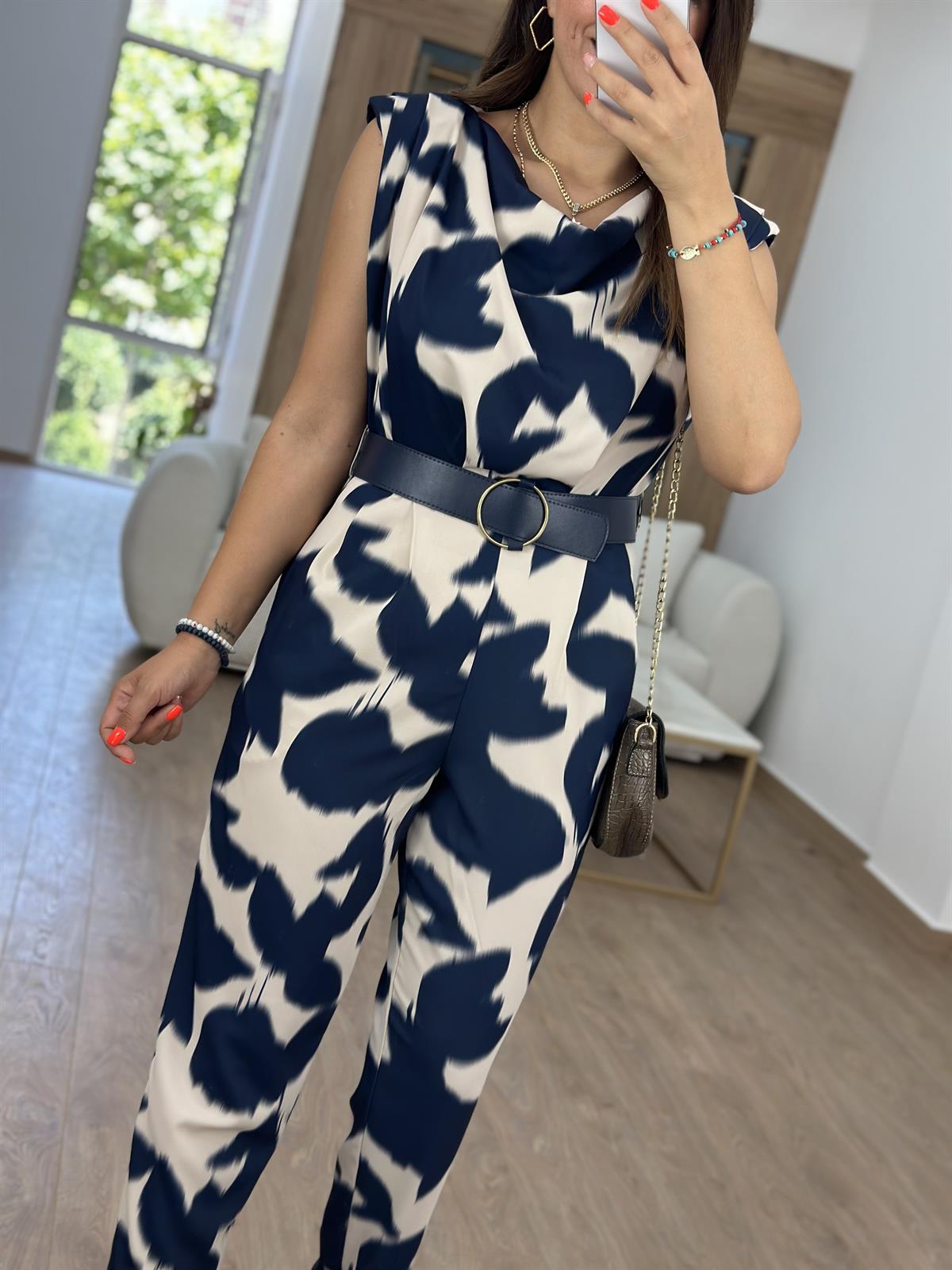 Kemerli Vatkalı Saten Tulum-Lacivert