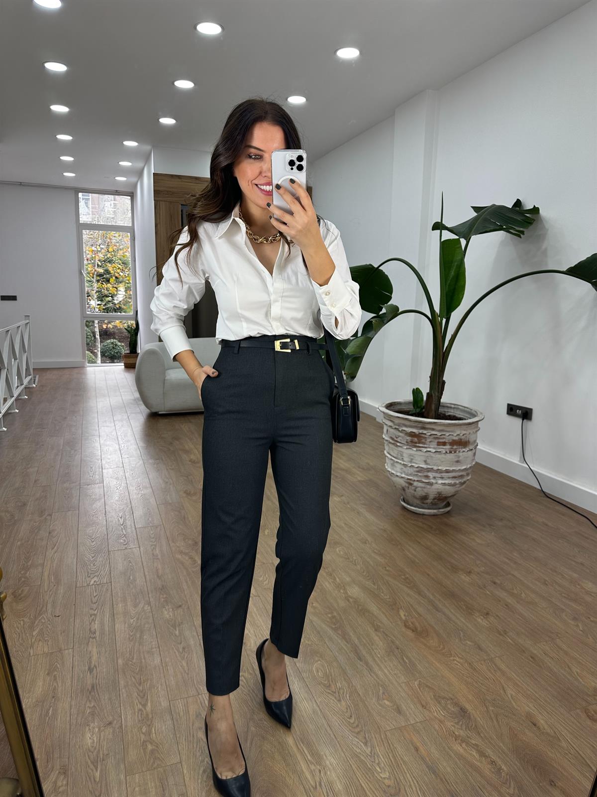 Dilvin Kemerli Yüksek Bel Pantolon - Antresit