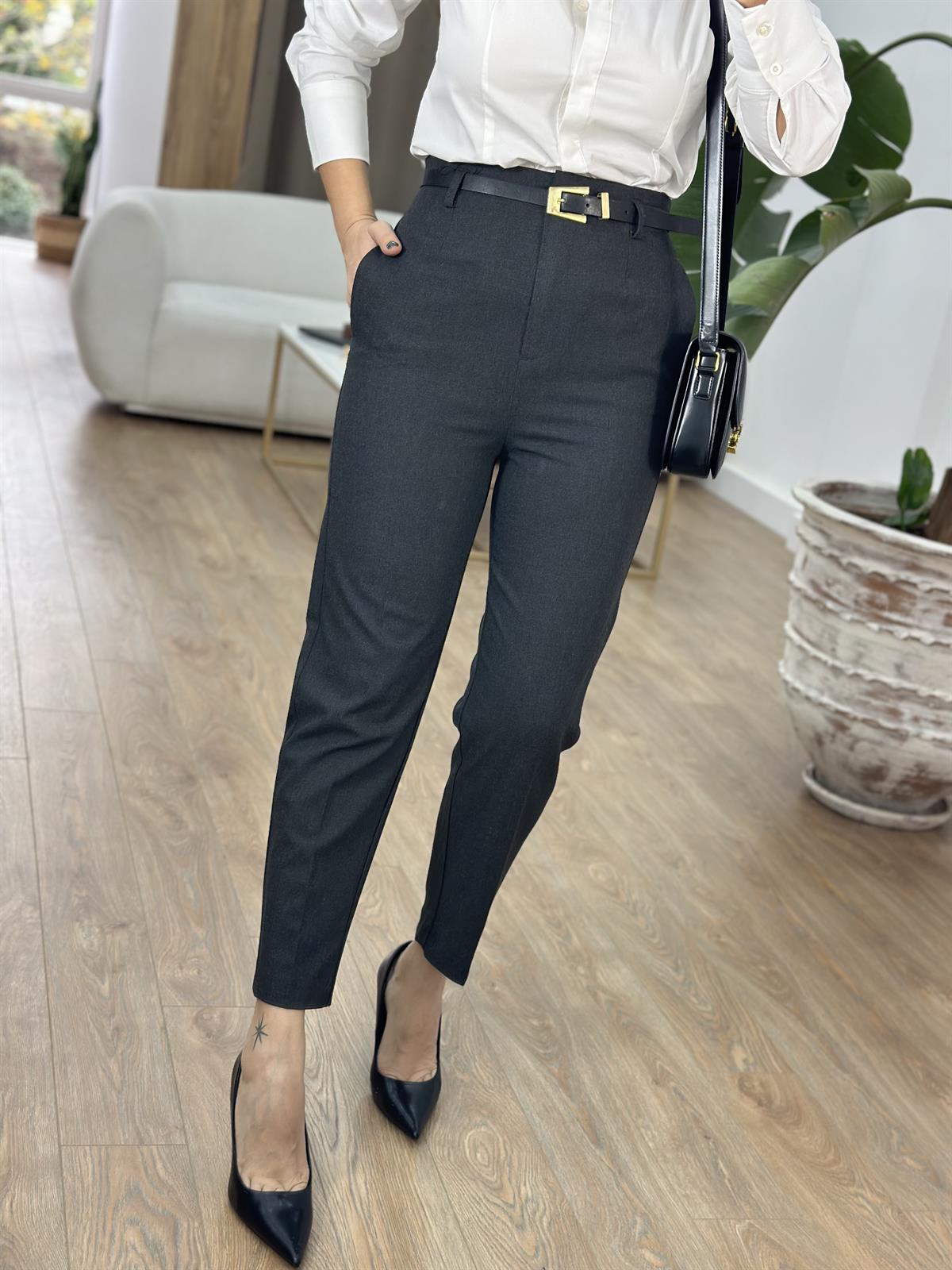 Dilvin Kemerli Yüksek Bel Pantolon - Antresit