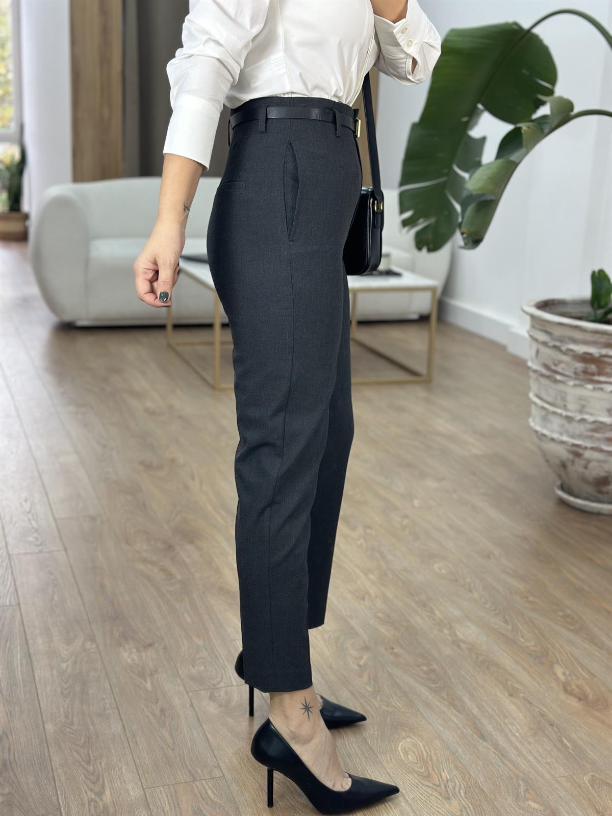 Dilvin Kemerli Yüksek Bel Pantolon - Antresit