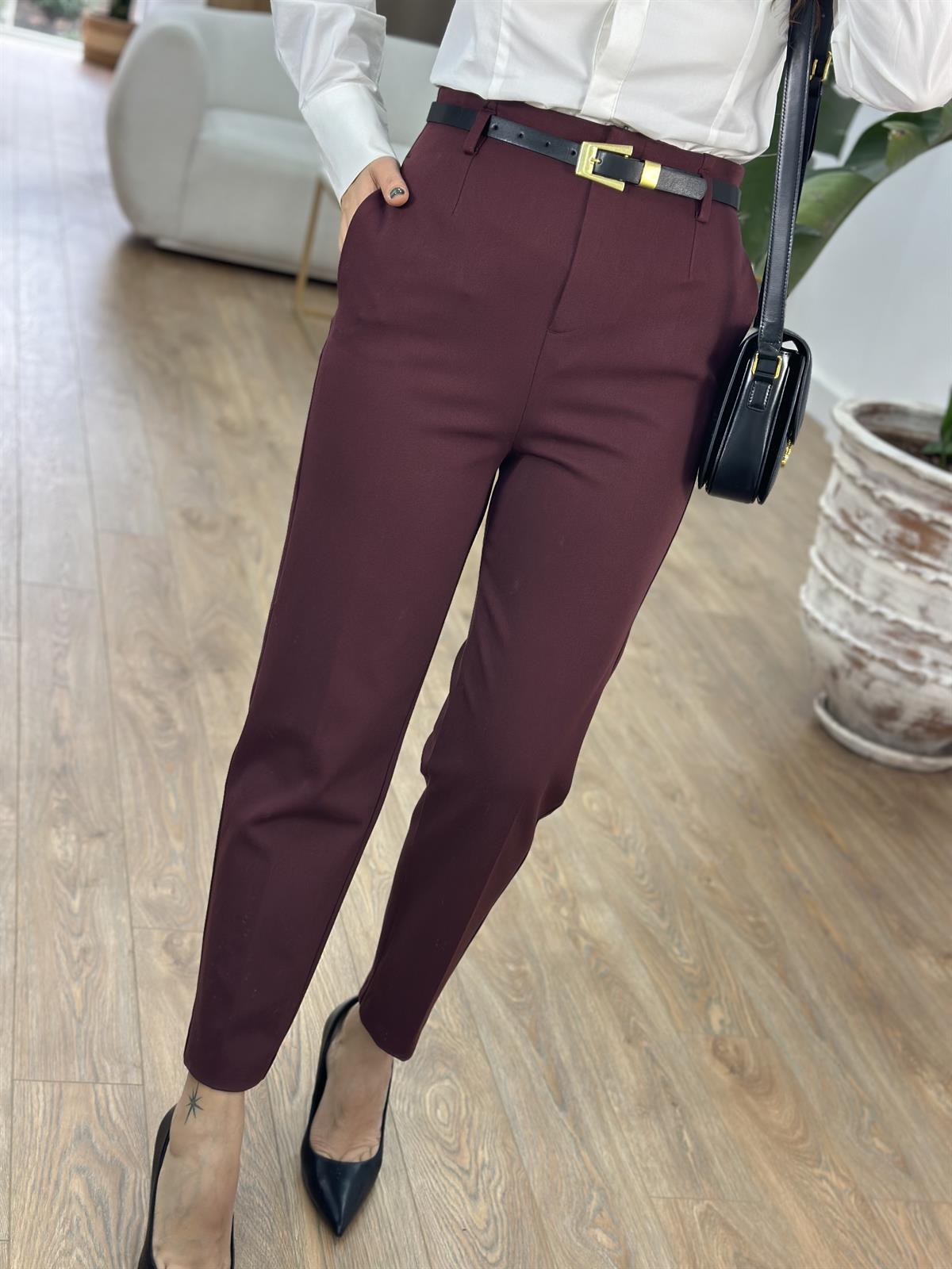 Kemerli Yüksek Bel Pantolon - Bordo
