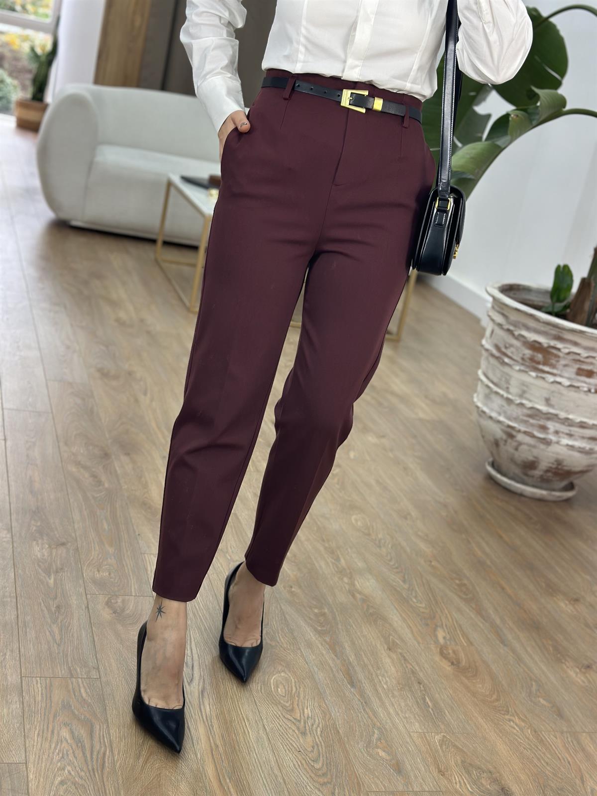 Kemerli Yüksek Bel Pantolon - Bordo