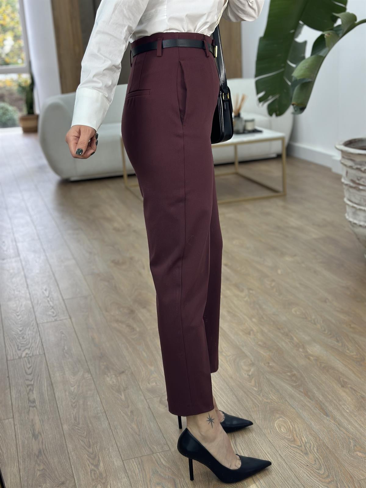 Kemerli Yüksek Bel Pantolon - Bordo