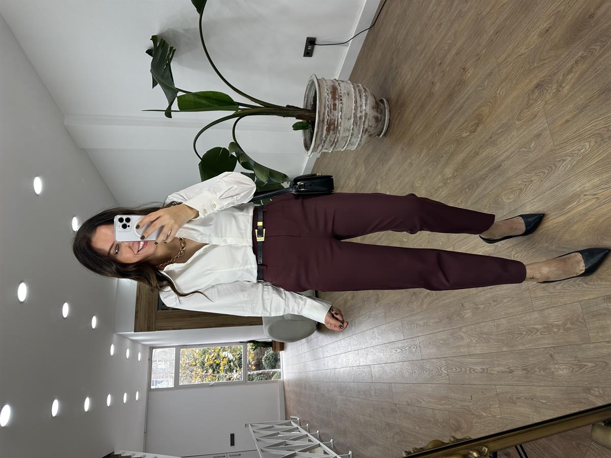 Kemerli Yüksek Bel Pantolon - Bordo