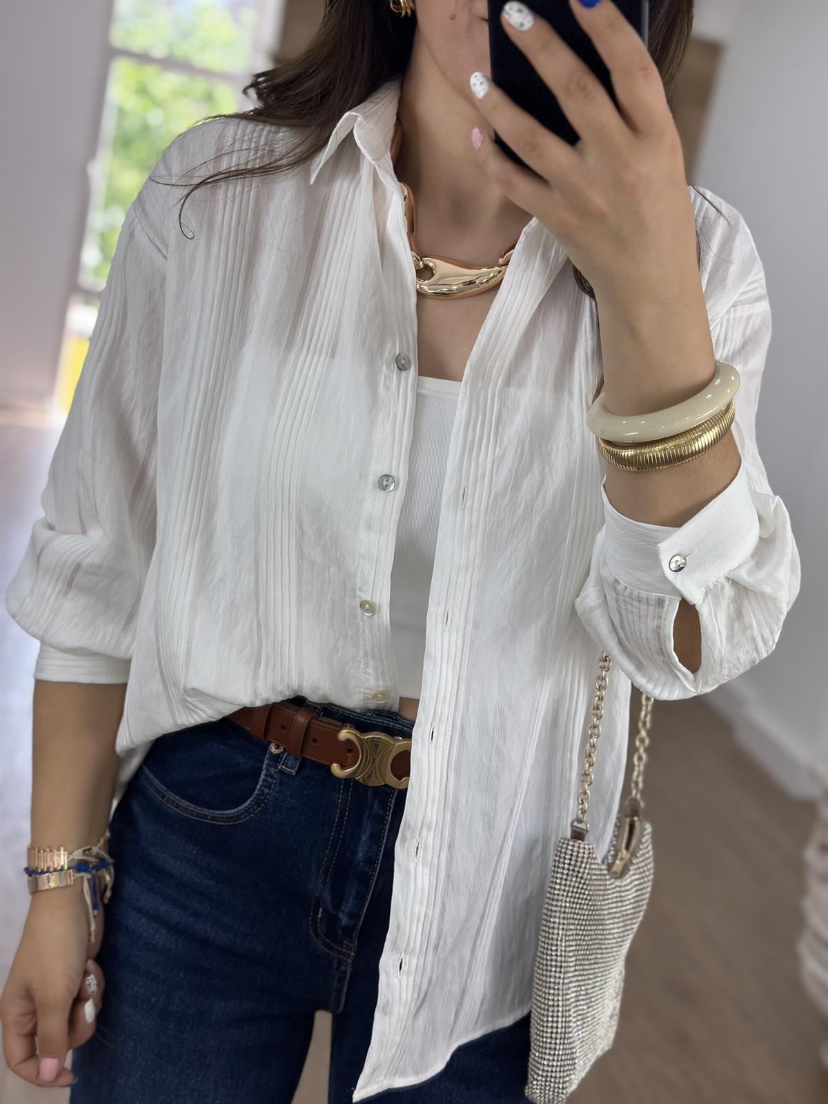 Kendinden Çizgili Gömlek-Beyaz