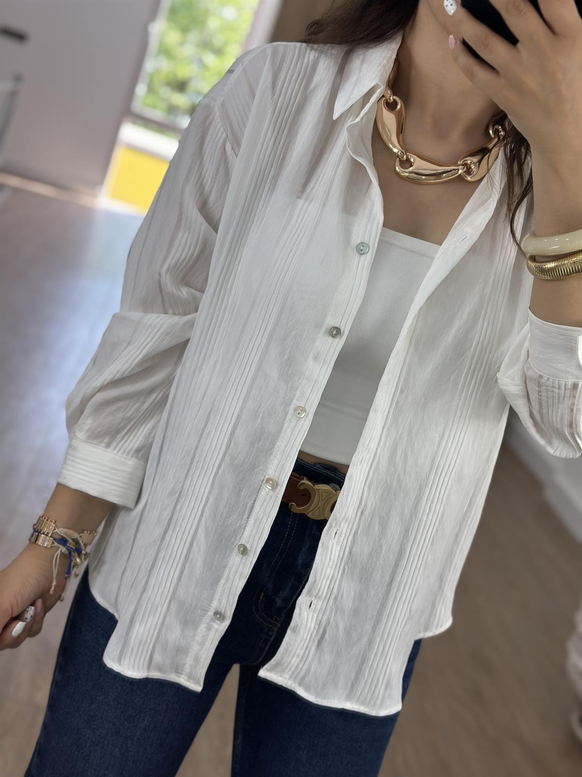 Kendinden Çizgili Gömlek-Beyaz