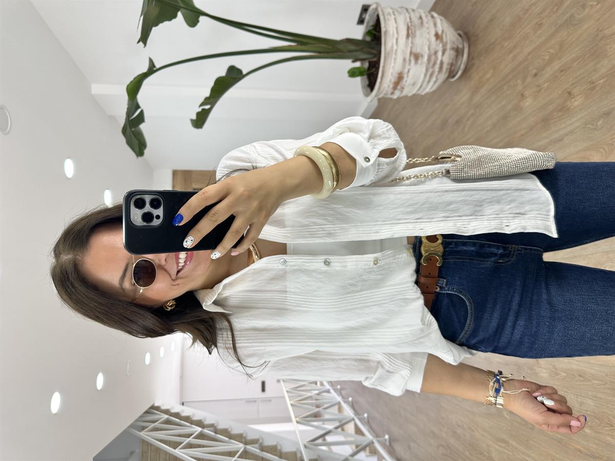 Kendinden Çizgili Gömlek-Beyaz