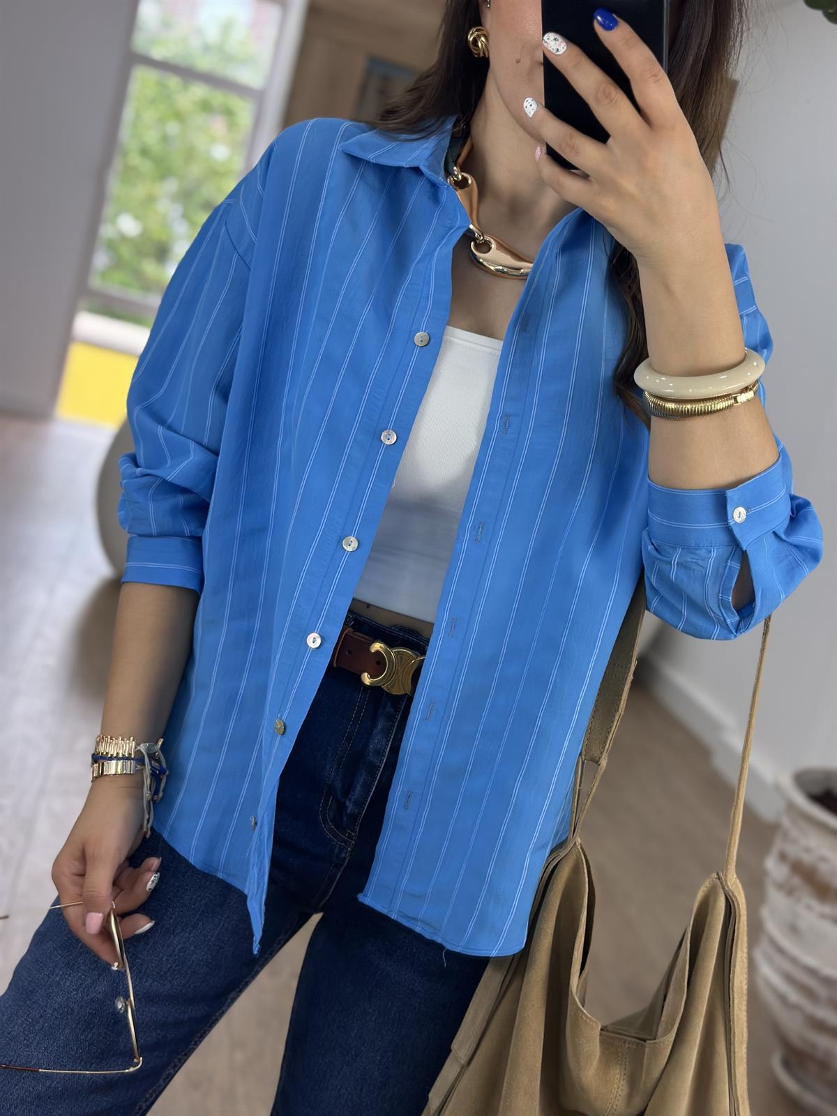 Kendinden Çizgili Gömlek-Mavi