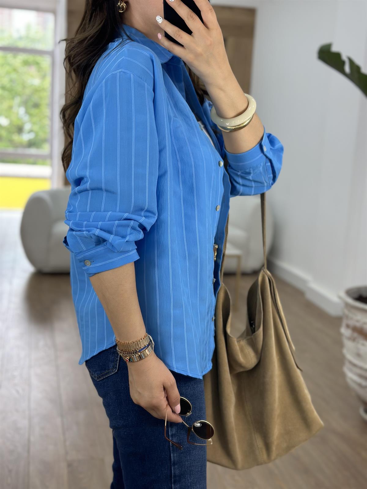 Kendinden Çizgili Gömlek-Mavi