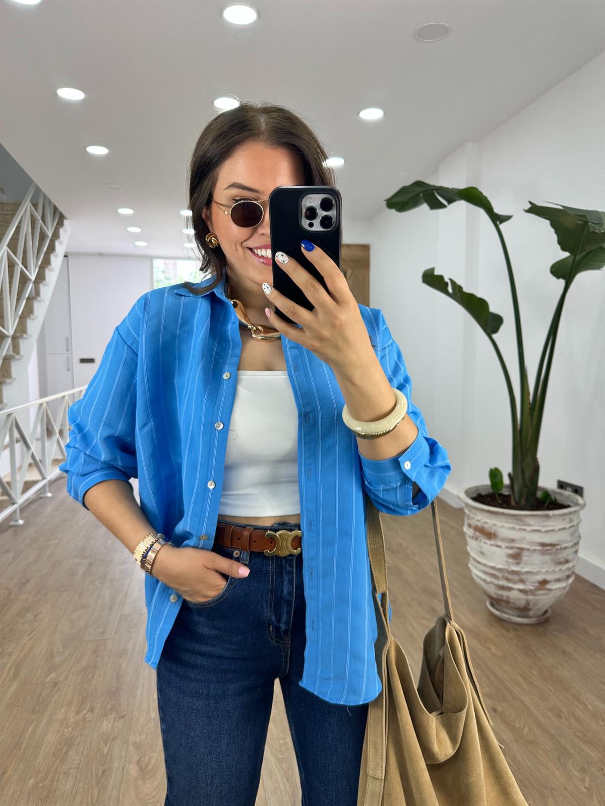 Kendinden Çizgili Gömlek-Mavi