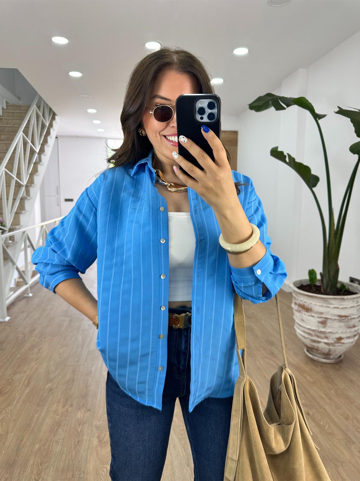 Kendinden Çizgili Gömlek-Mavi