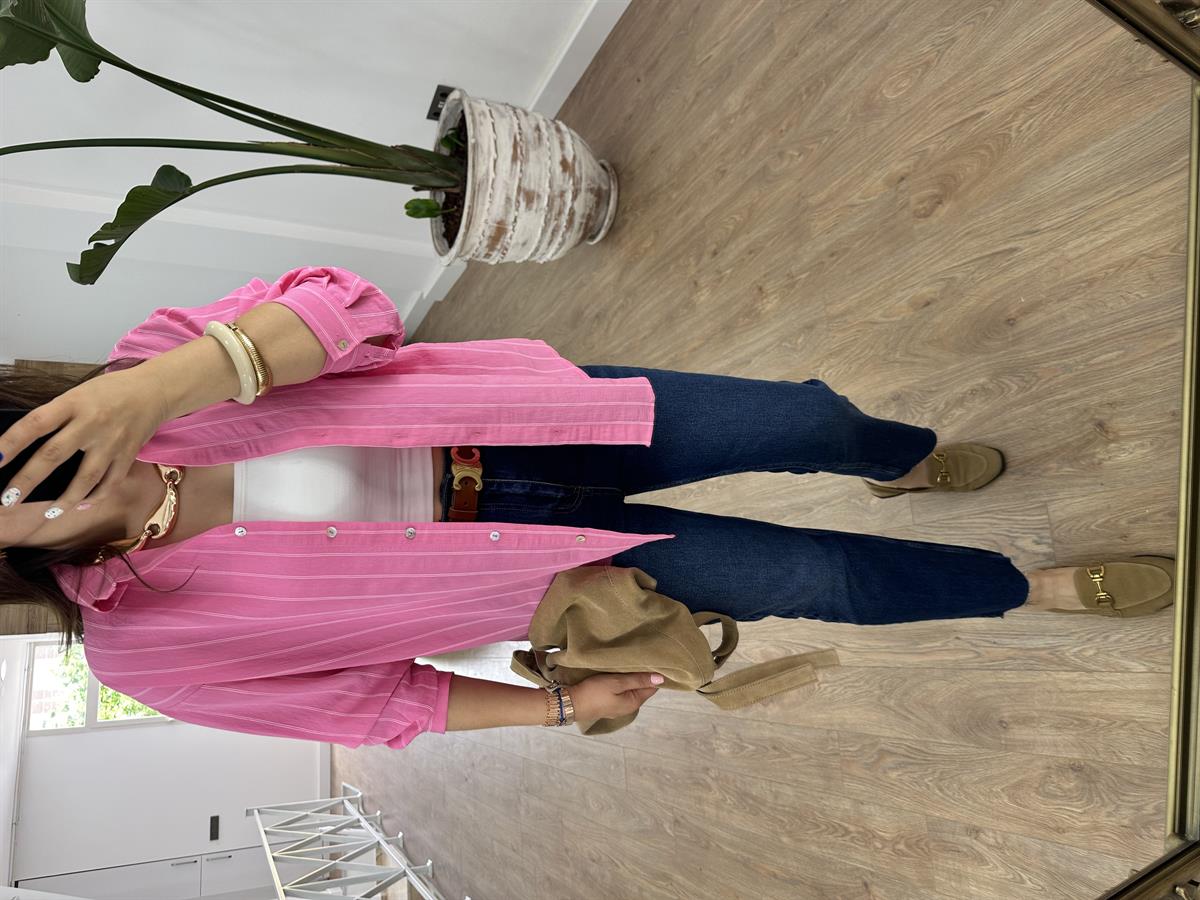 Kendinden Çizgili Gömlek-Pembe