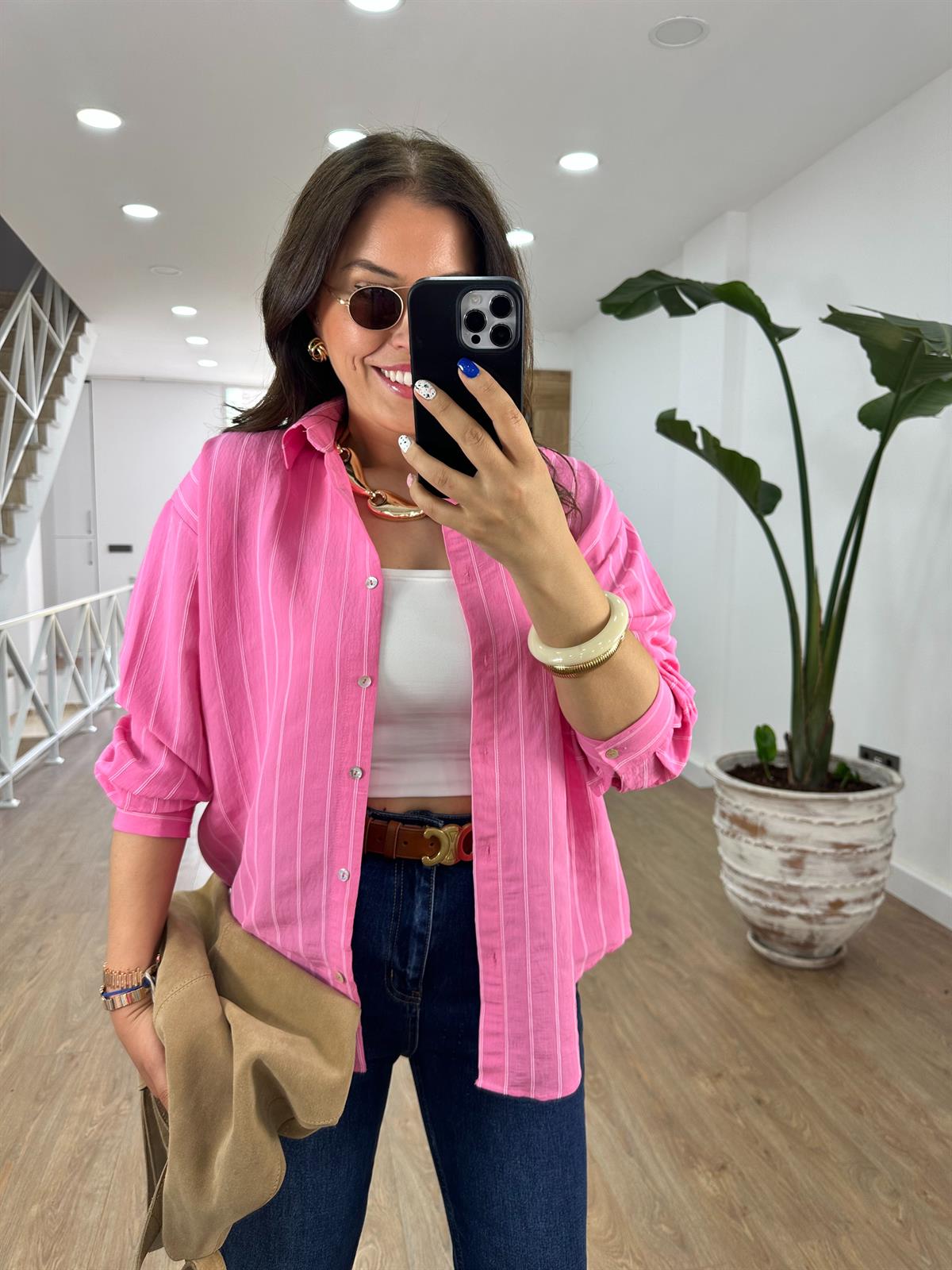 Kendinden Çizgili Gömlek-Pembe