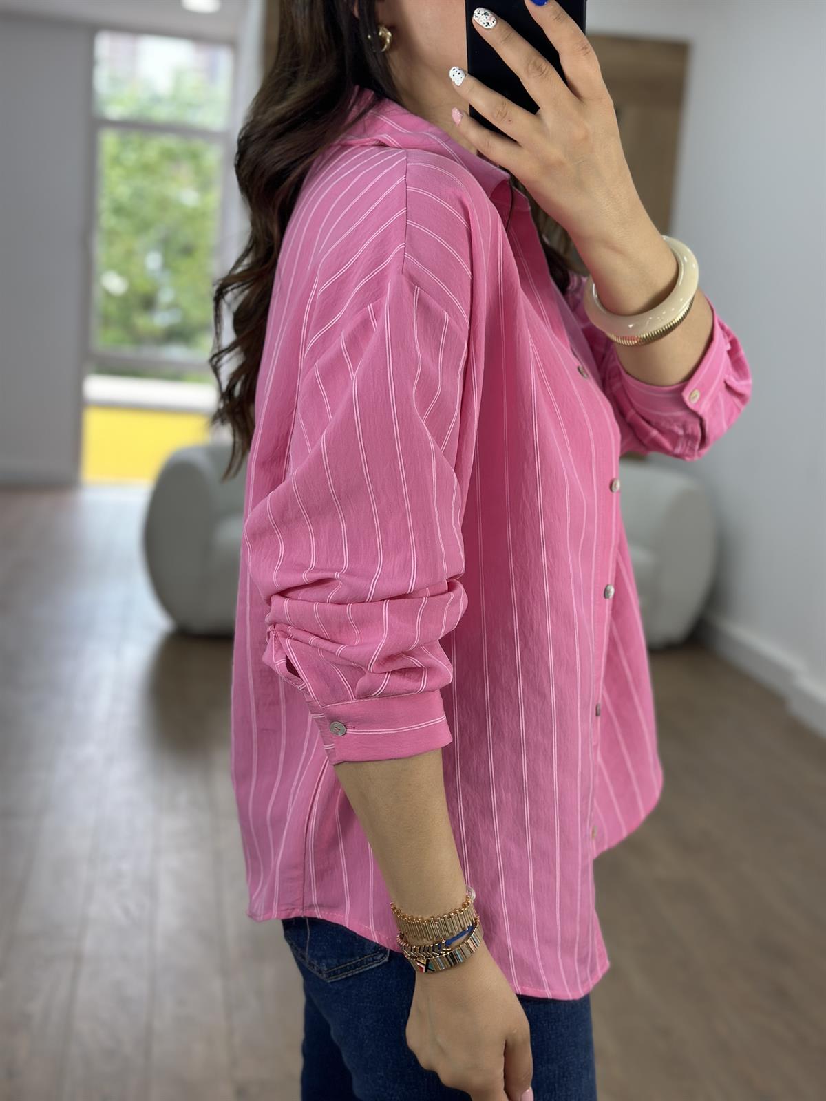 Kendinden Çizgili Gömlek-Pembe