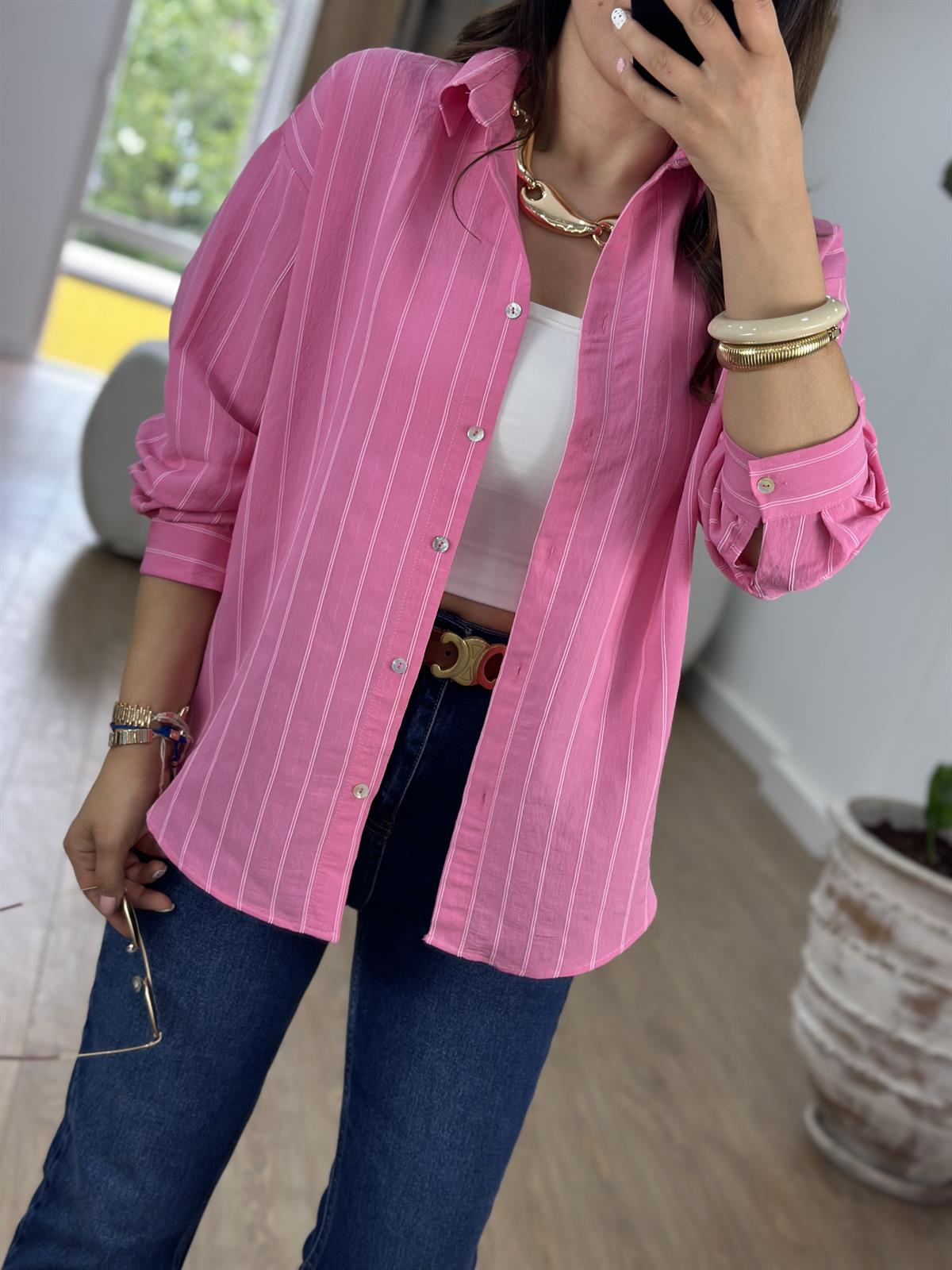 Kendinden Çizgili Gömlek-Pembe
