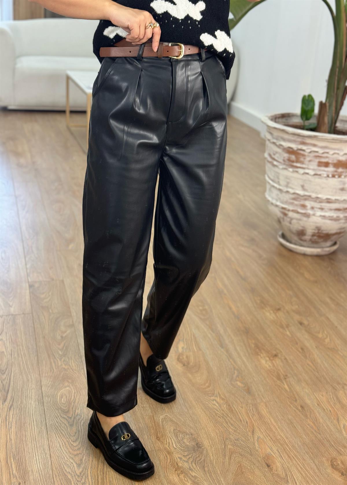 Kendinden Kemeli Deri Pantolon - Siyah