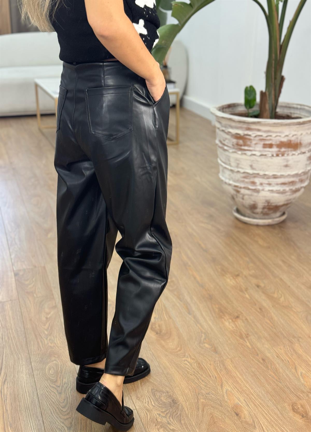 Kendinden Kemeli Deri Pantolon - Siyah