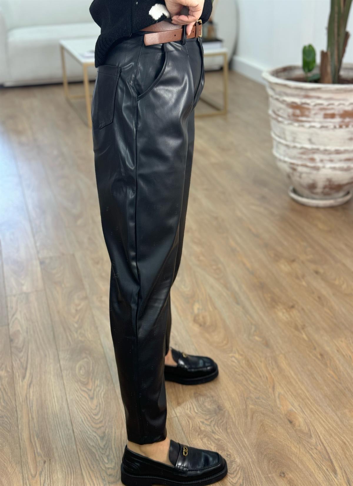 Kendinden Kemeli Deri Pantolon - Siyah