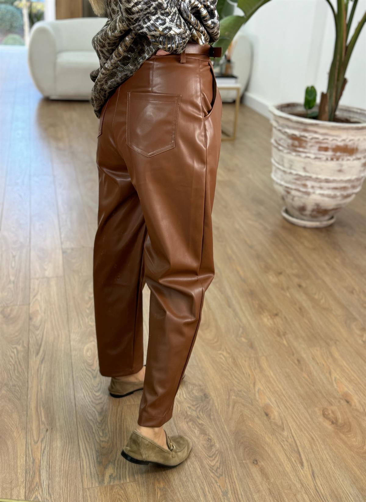 Kendinden Kemerli Deri Pantolon-Taba