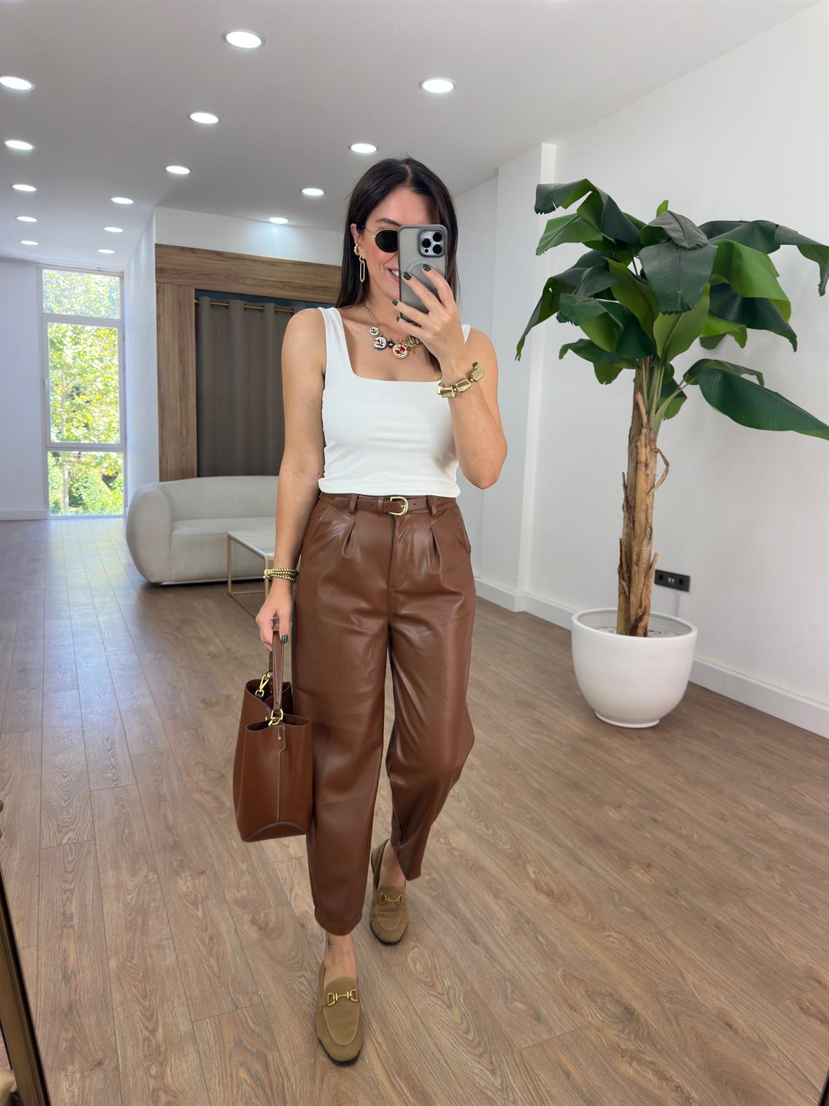 Kendinden Kemerli Deri Pantolon - Taba