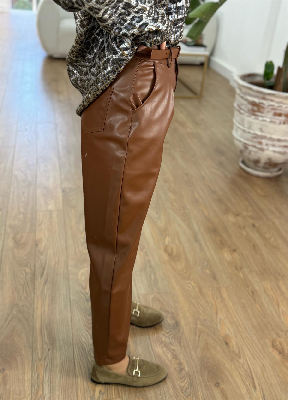 Kendinden Kemerli Deri Pantolon-Taba