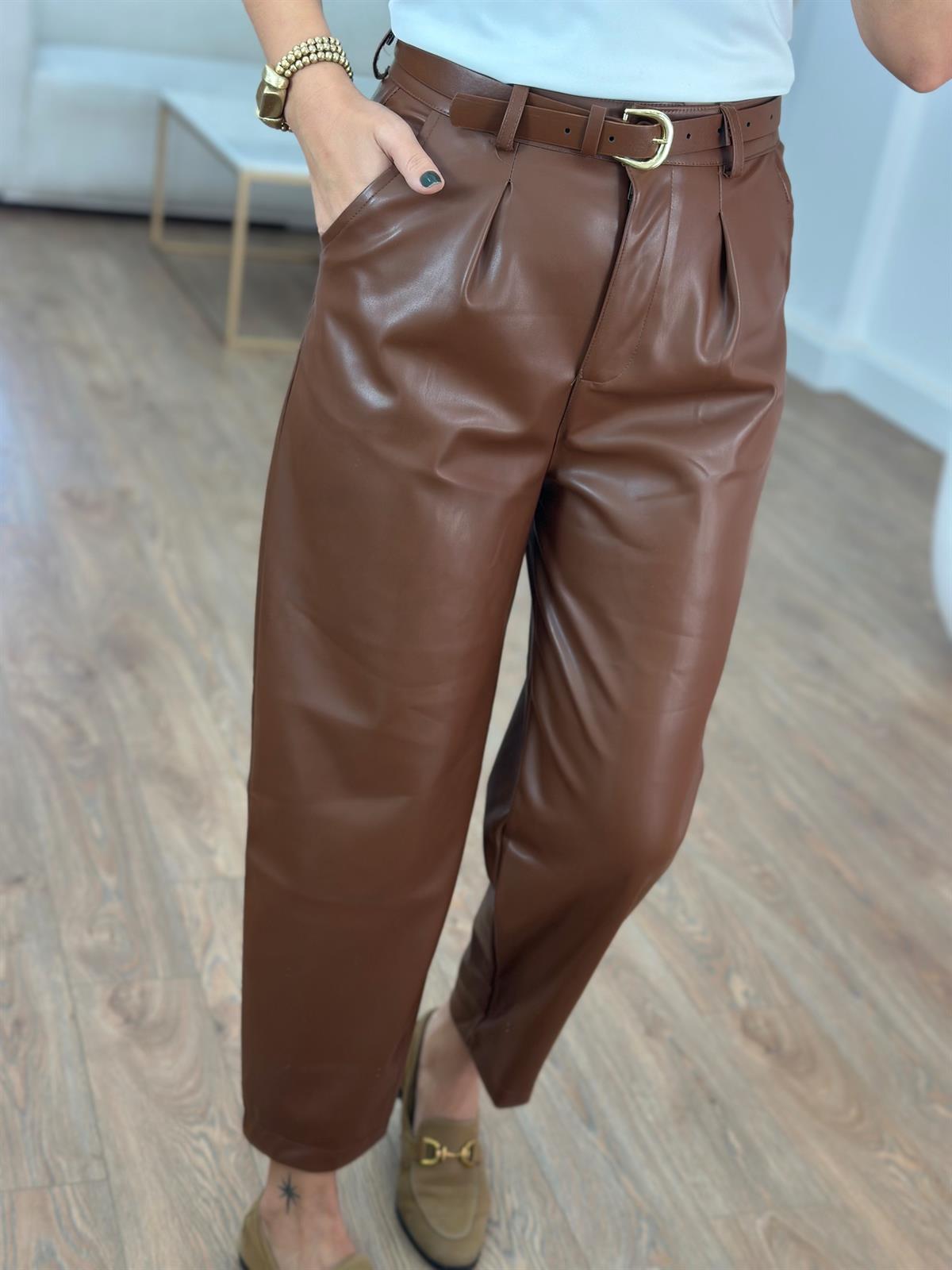 Kendinden Kemerli Deri Pantolon - Taba