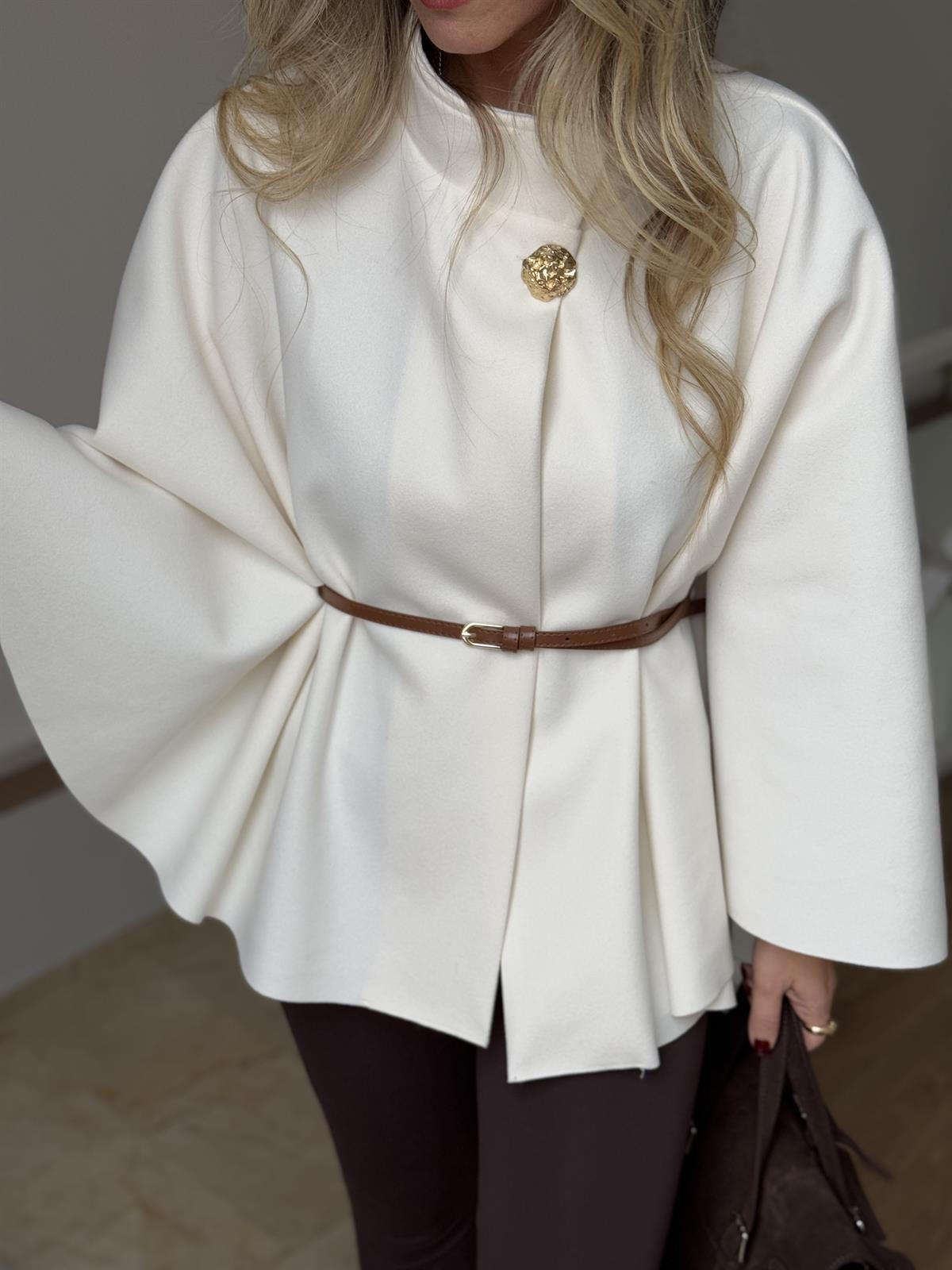 Kendinden Kemerli Kaşe Pelerin - Ekru